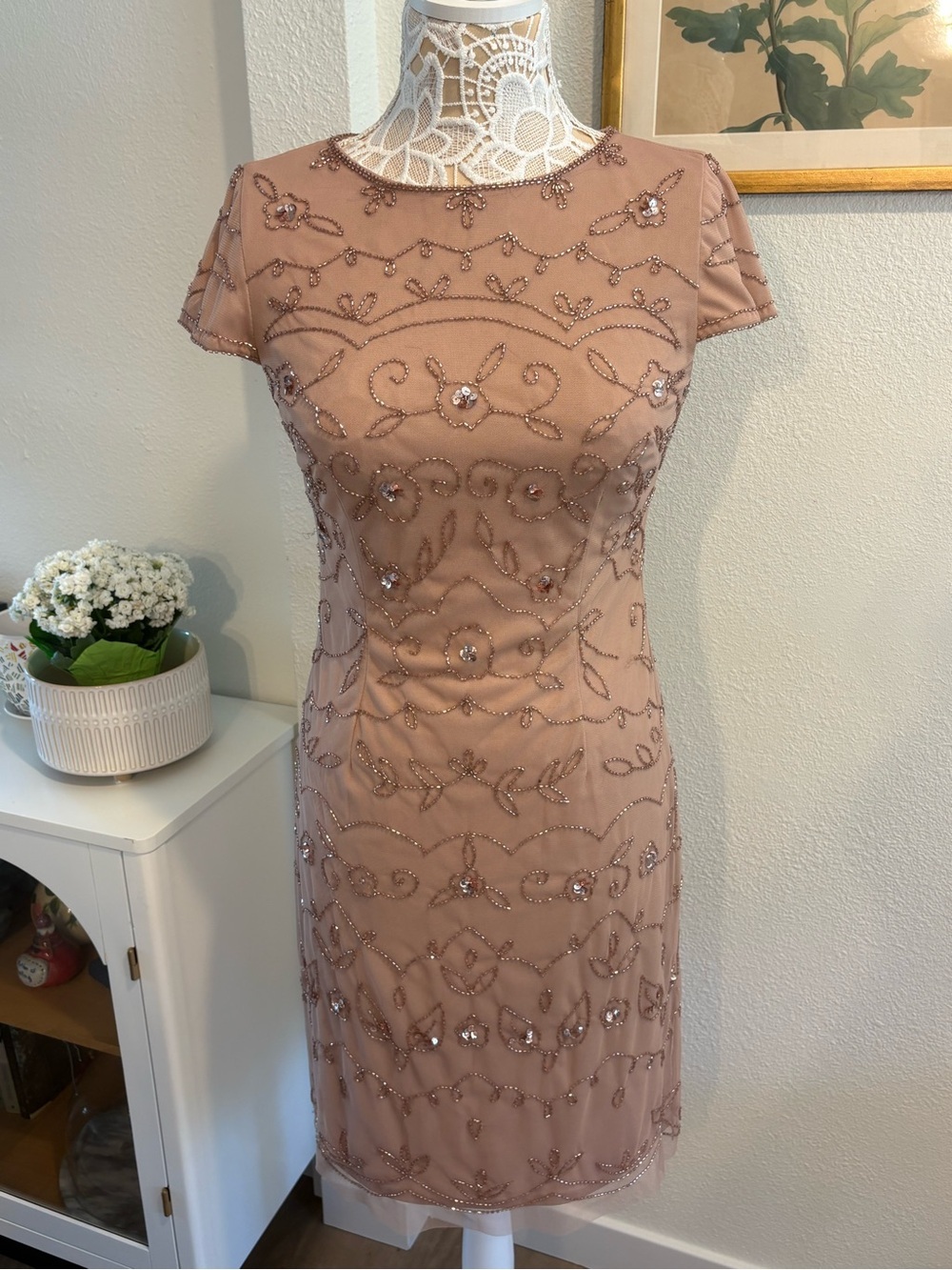 Papell Studio Beaded Blush Midi Dress - Elegant Cap Sleeve Design- size 4